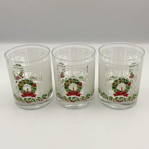 Vintage 1986 Vallian Christmas Wreath Window Tumblers Frosted Glass Set of 3